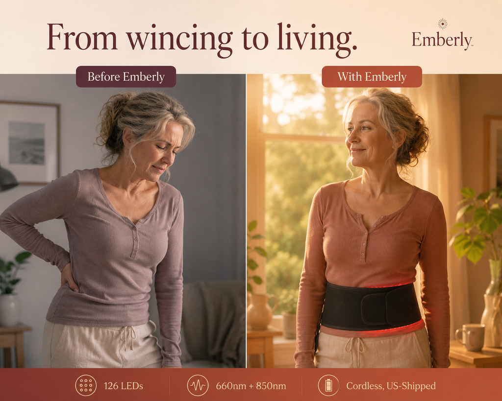 Emberly belt package contents — complete red light therapy kit for menopause joint and back pain