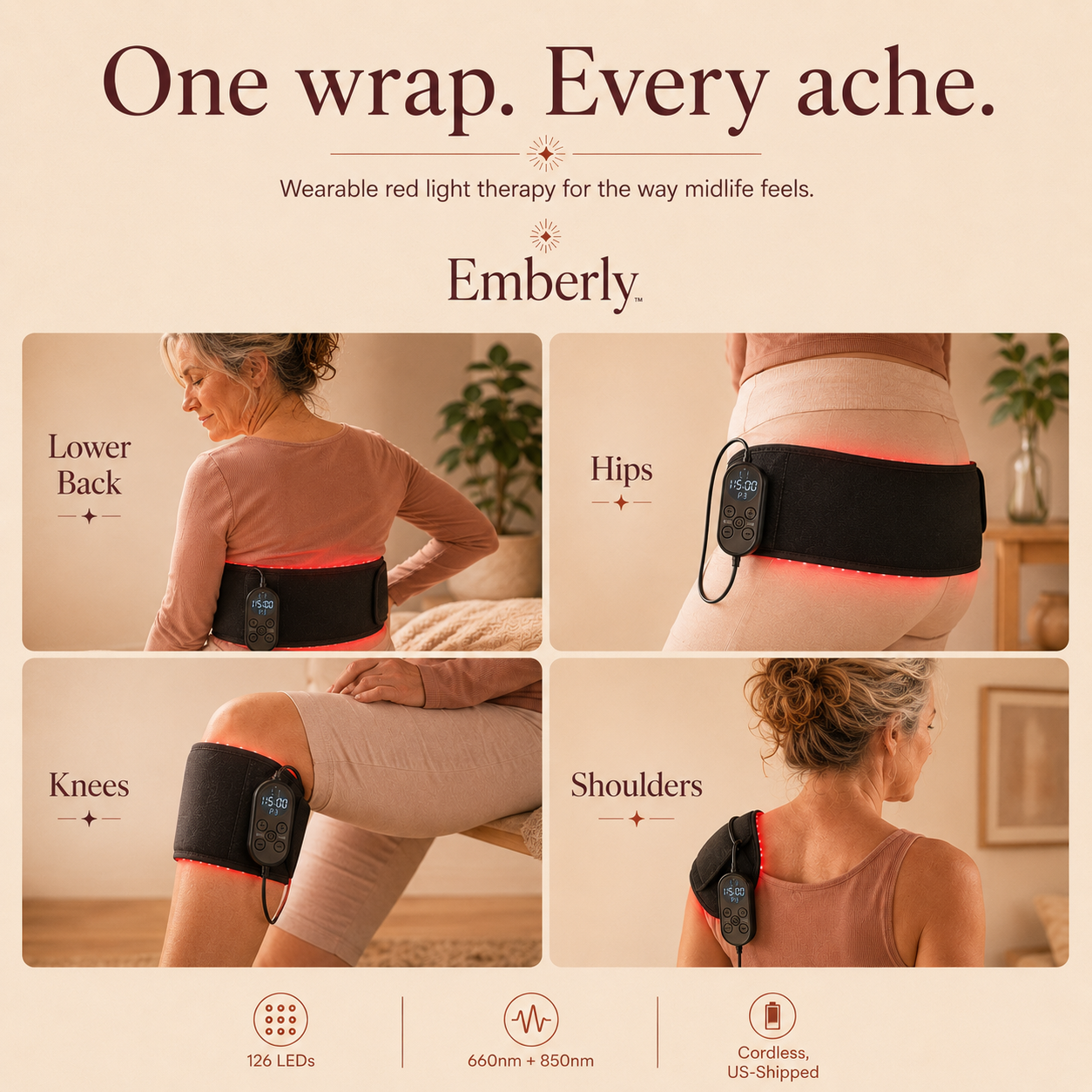 Emberly™ Red Light Therapy Belt for Menopause Joint & Back Pain — Drug-Free 660nm + 850nm Near-Infrared Relief for Aching Hips, Knees & Lower Back