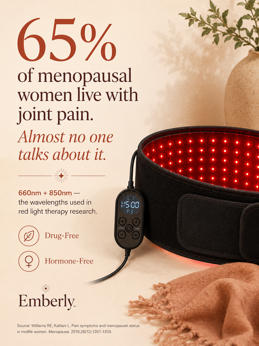 Emberly™ Red Light Therapy Belt for Menopause Joint & Back Pain — Drug-Free 660nm + 850nm Near-Infrared Relief for Aching Hips, Knees & Lower Back
